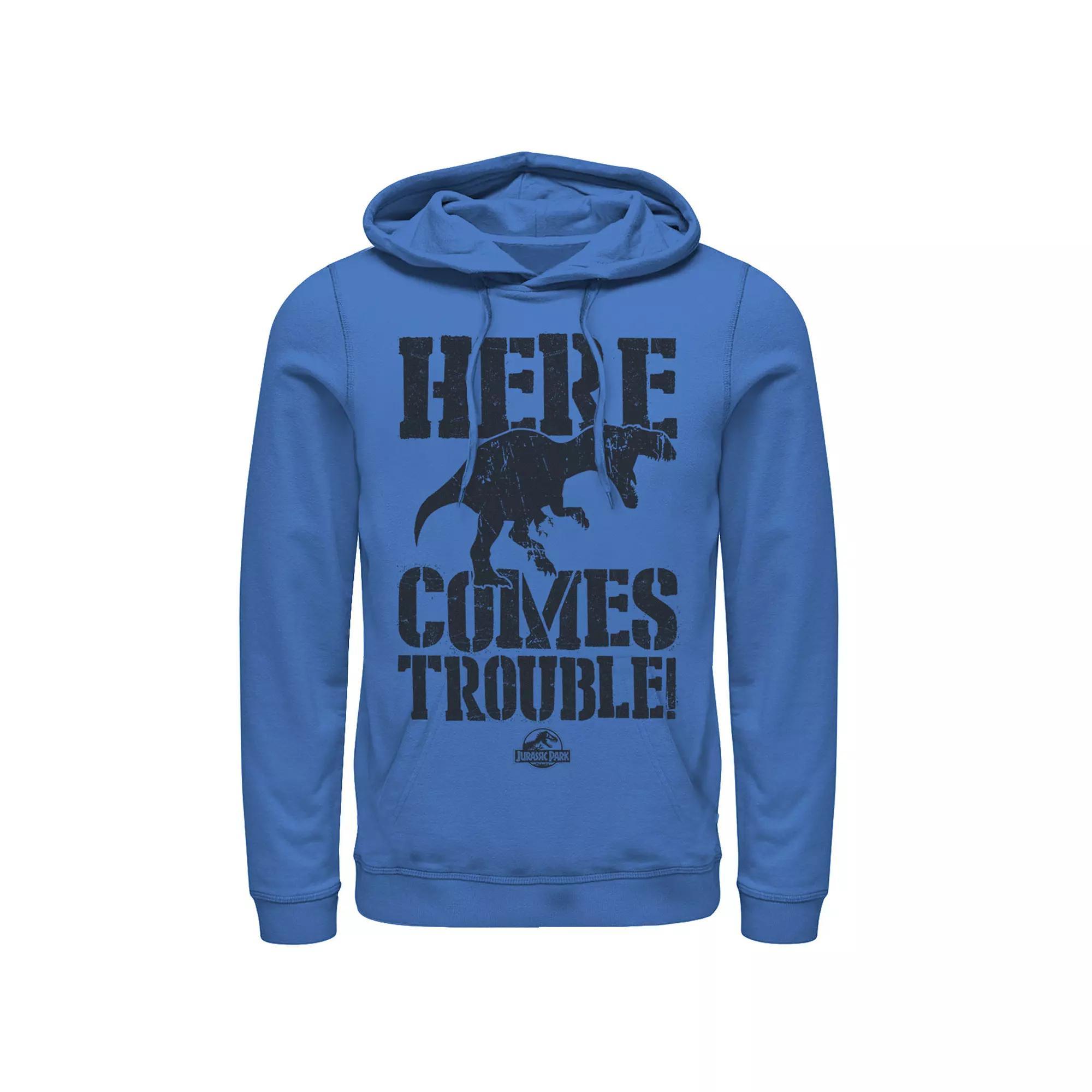 Men's Jurassic Park Here Comes Trouble Pullover Graphic Hoodie, Size: 3XL, Royal Product Image