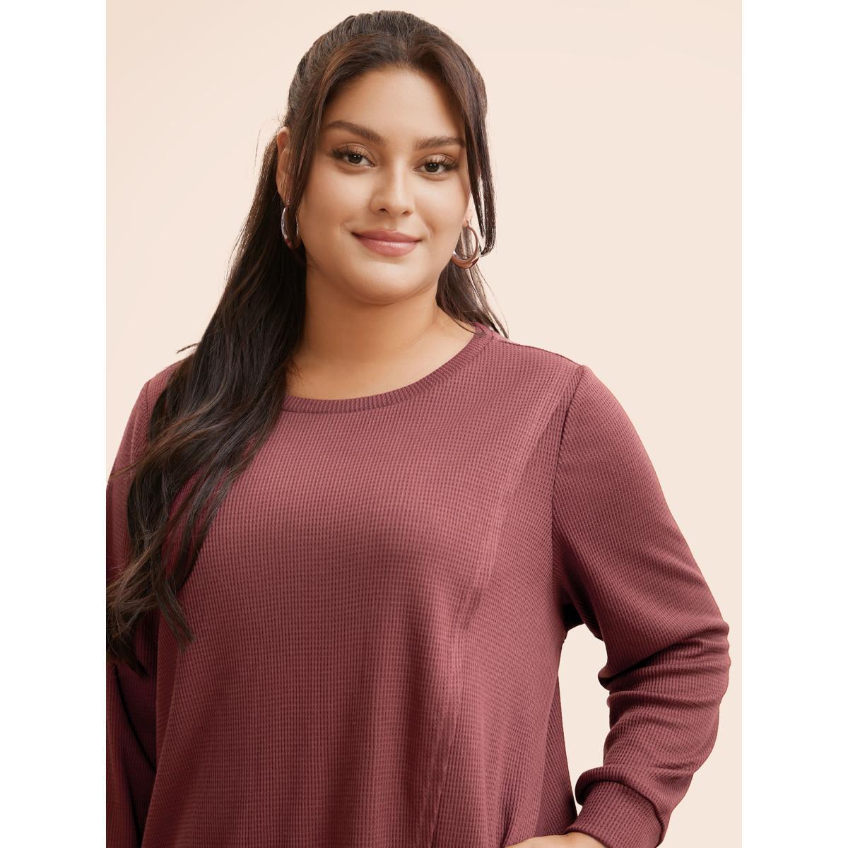 Plus Size Solid Waffle Knit Overlap Hem T-shirt DustyPink Women Casual Overlapping Round Neck Everyday T-shirts BloomChic 22-24/3X Product Image