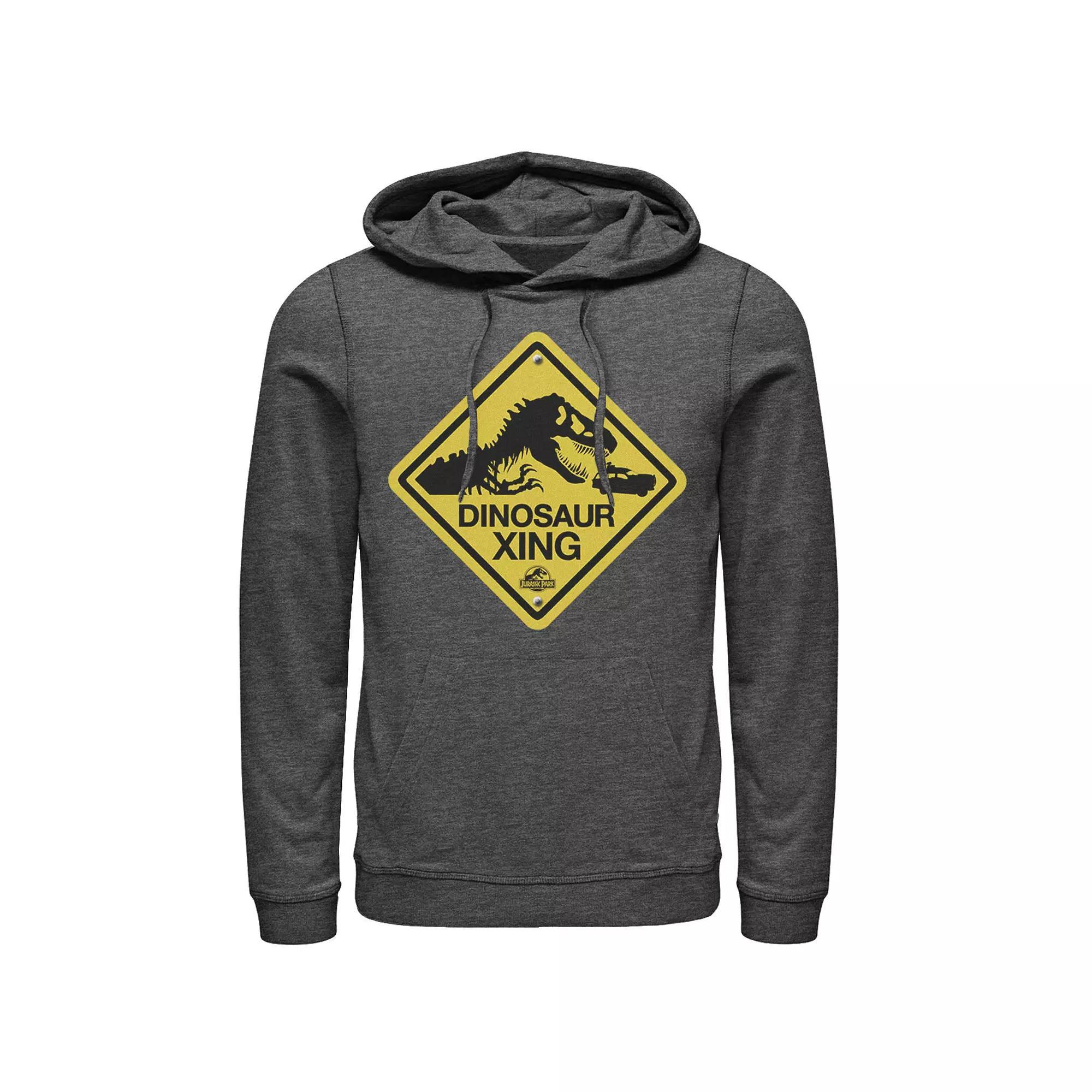 Men's Jurassic Park Dinosaur Crossing Yellow Sign Pullover Hoodie, Size: Small, Grey Heather Product Image