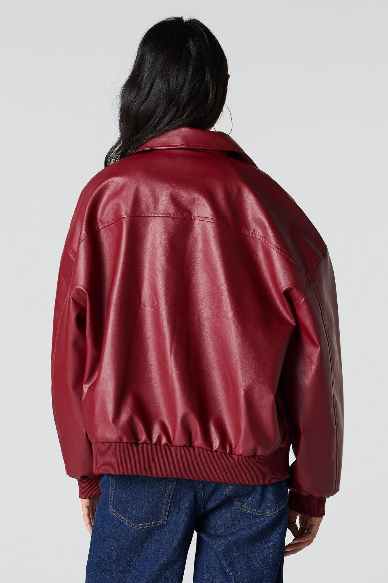 Faux Leather Oversized Zip-Up Bomber Jacket Female Product Image
