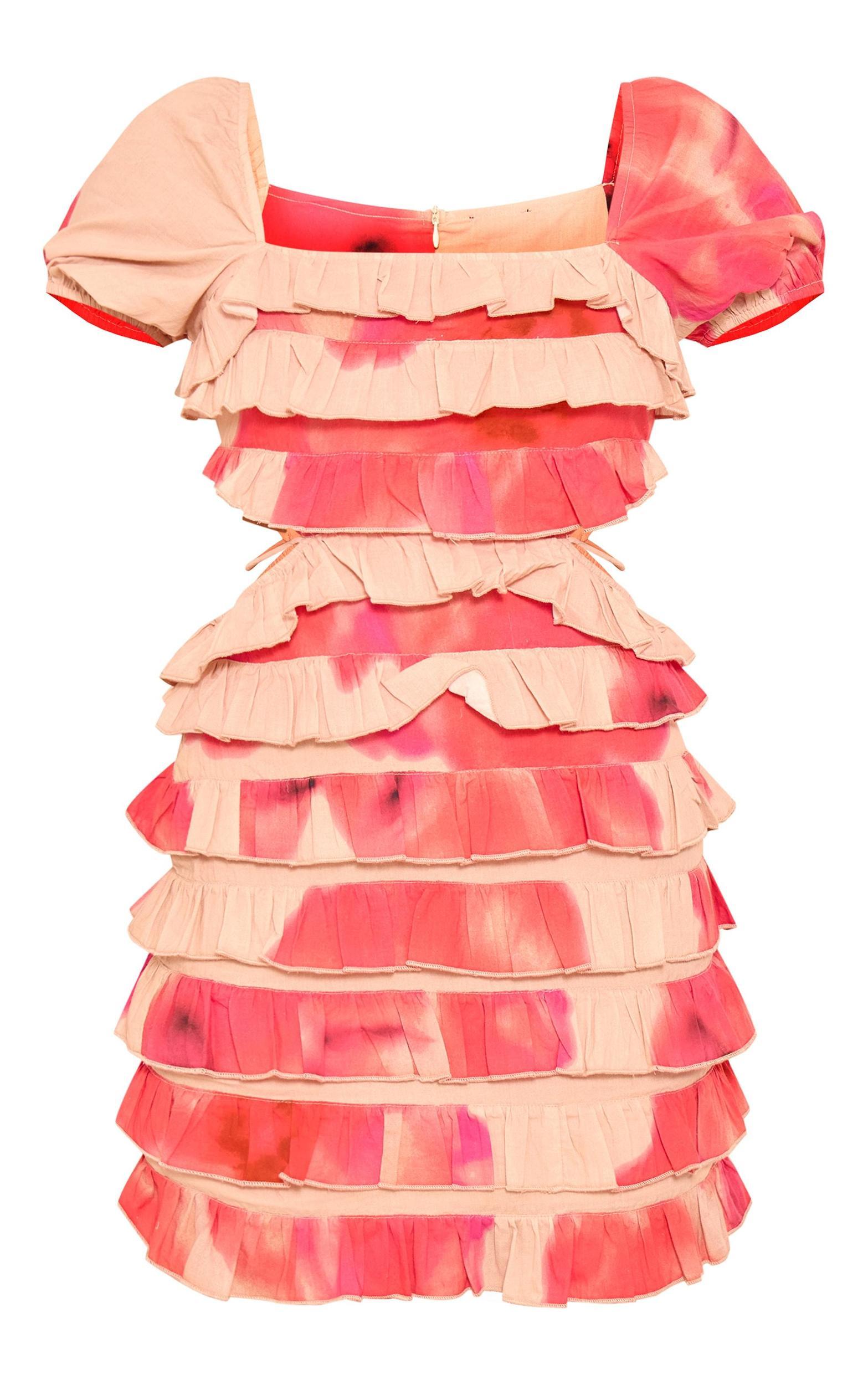 Multi Floral Print Frill Detail Cut Out Puff Sleeve Bodycon Dress Product Image