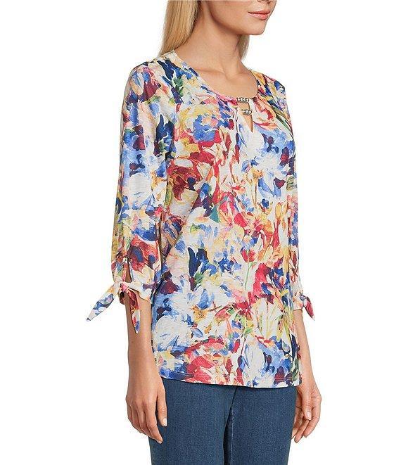Allison Daley Petite Flower Swirl 3/4 Sleeve Keyhole Neck Knit Top Product Image