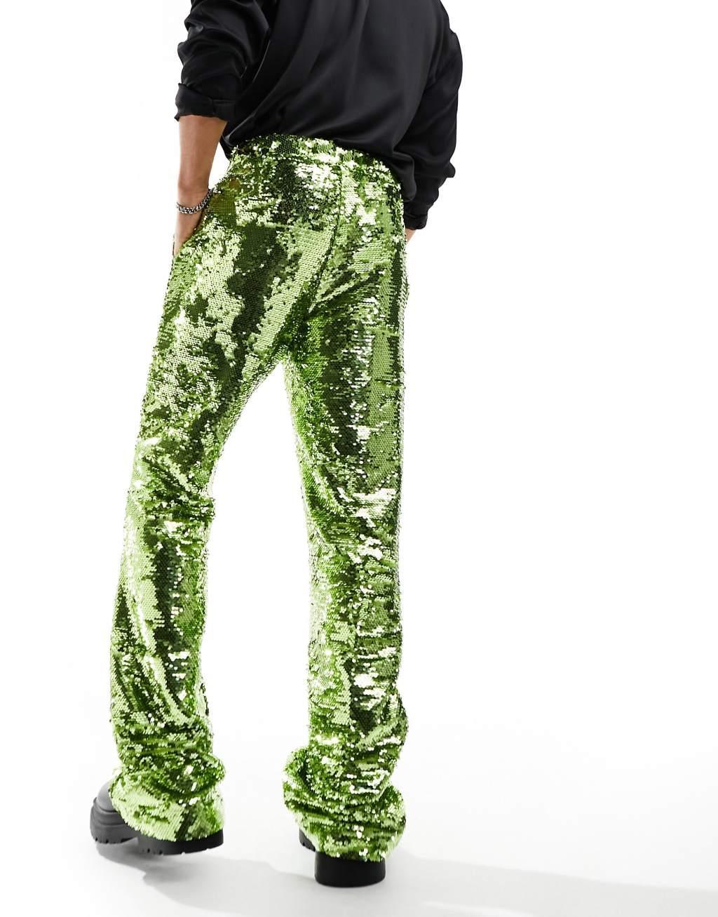 ASOS DESIGN smart flare pants in lime green sequins Product Image