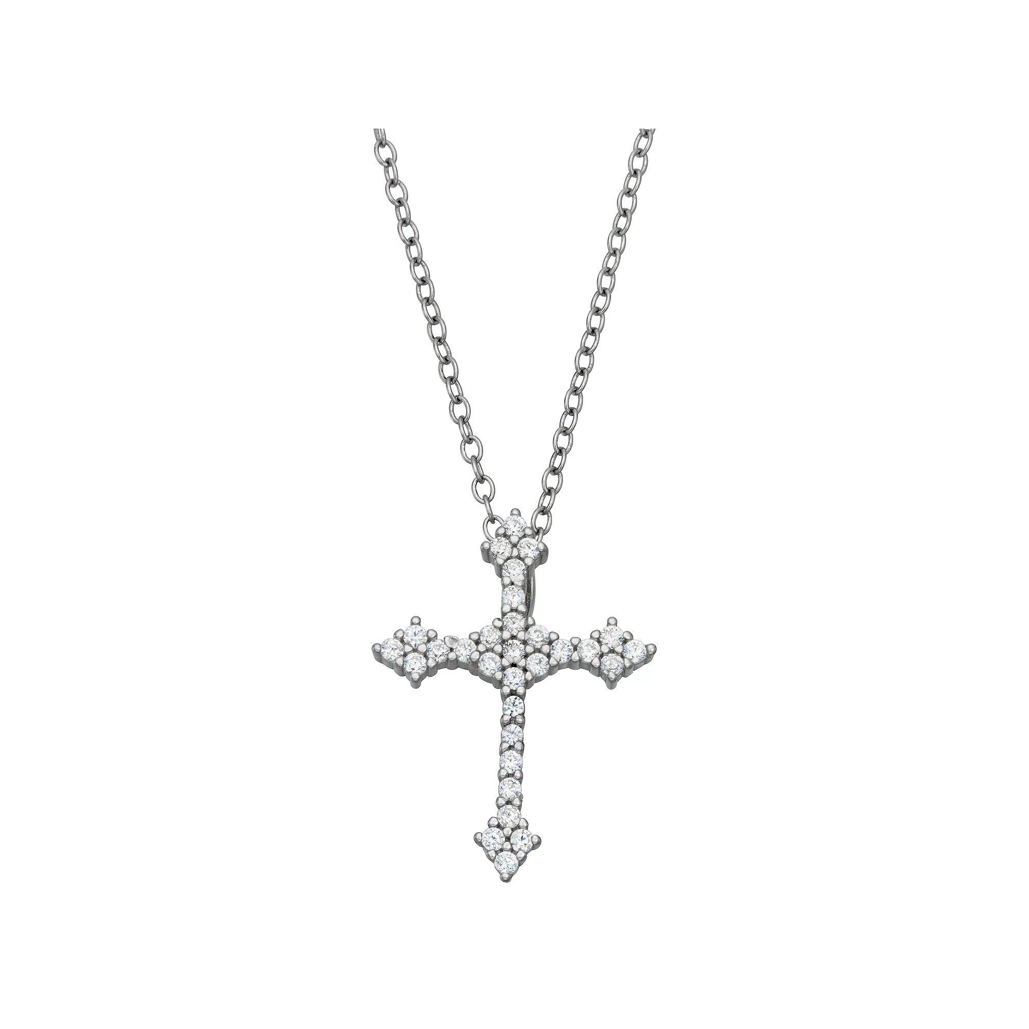 Contessa Di Capri Sterling Silver Cubic Zirconia Cross Pendant Necklace, Womens Sterling Silver Clear Product Image
