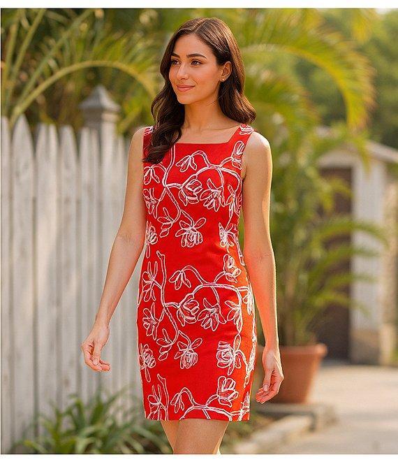 Alex Marie Lily Embroidered Linen Blend Sleeveless Square Neck Dress Product Image