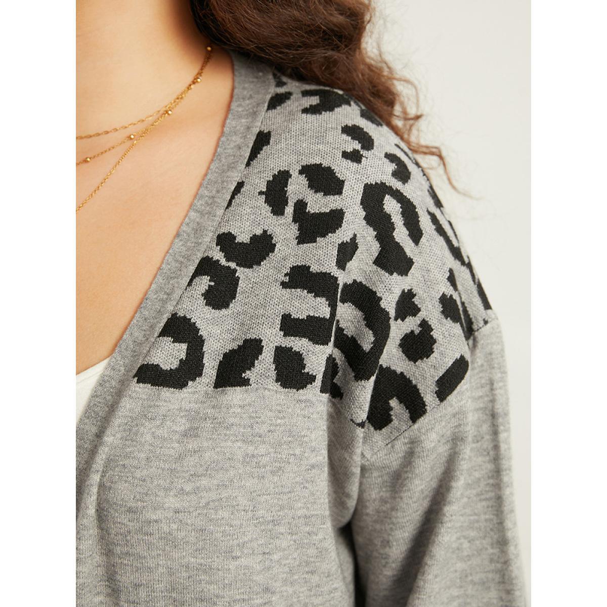 Plus Size Supersoft Essentials Leopard Contrast Elastic Cuffs Pullover DarkGray Women Casual Loose Long Sleeve Dailywear Cardigans BloomChic 22-24/3X Product Image
