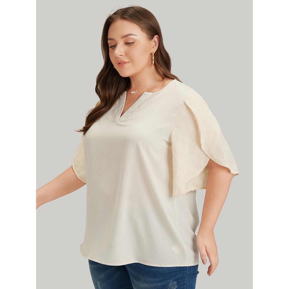 Plus Size Ivory Anti-Wrinkle Solid Patchwork Petal Sleeve Notched Blouse Women Office Half Sleeve Notched collar Work Blouses BloomChic 12/L Product Image