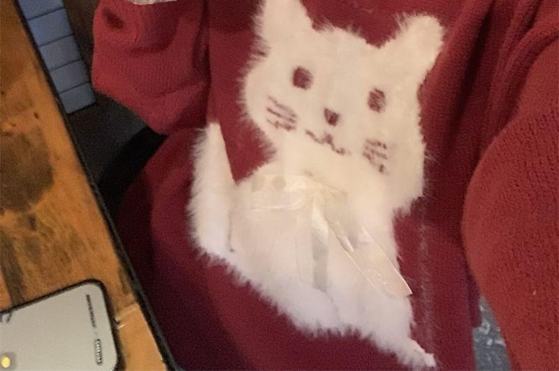 Long-Sleeve Crewneck Cat Sweater Product Image