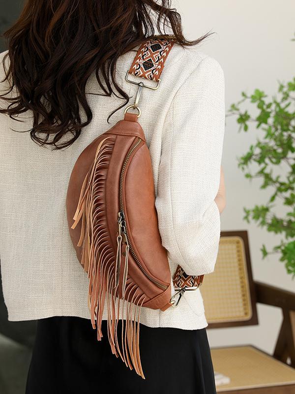Geometric Tasseled Zipper Crossbody Bags Product Image