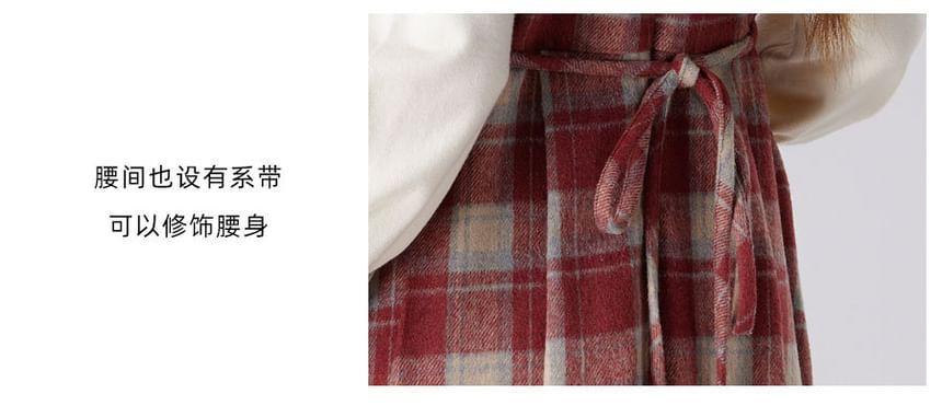Sleeveless Crew Neck Plaid Button Accent Midi A-Line Dungaree Dress Product Image