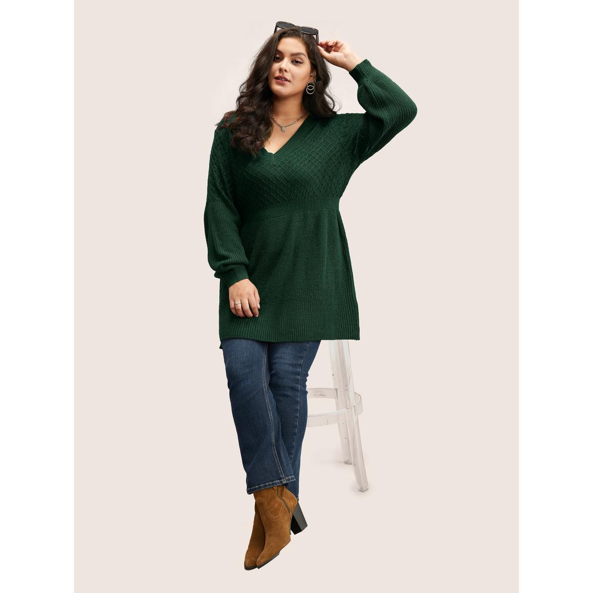 Plus Size Plain Plisse Lantern Sleeve A Line Pullover DarkGreen Women Elegant Long Sleeve V-neck Everyday Pullovers BloomChic 30/6X Product Image