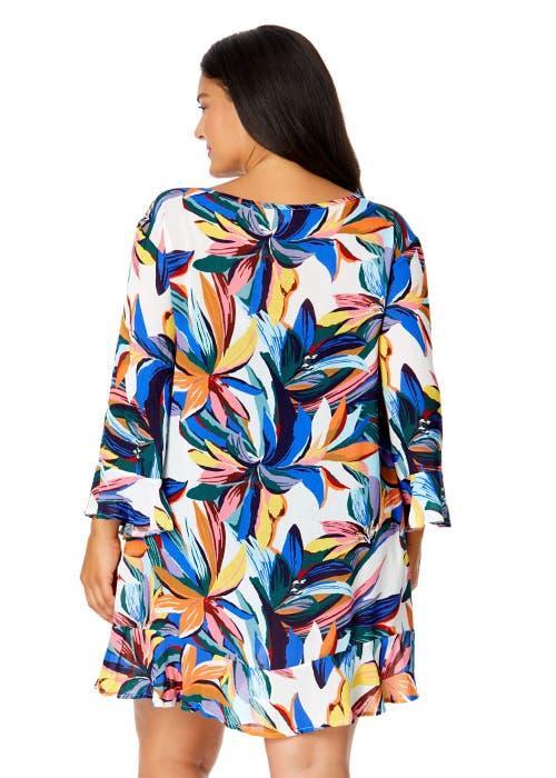 Anne Cole Women's Plus Riviera Floral Flounce V Neck Tunic Swimsuit Cover Up at Nordstrom, Size 16W Product Image
