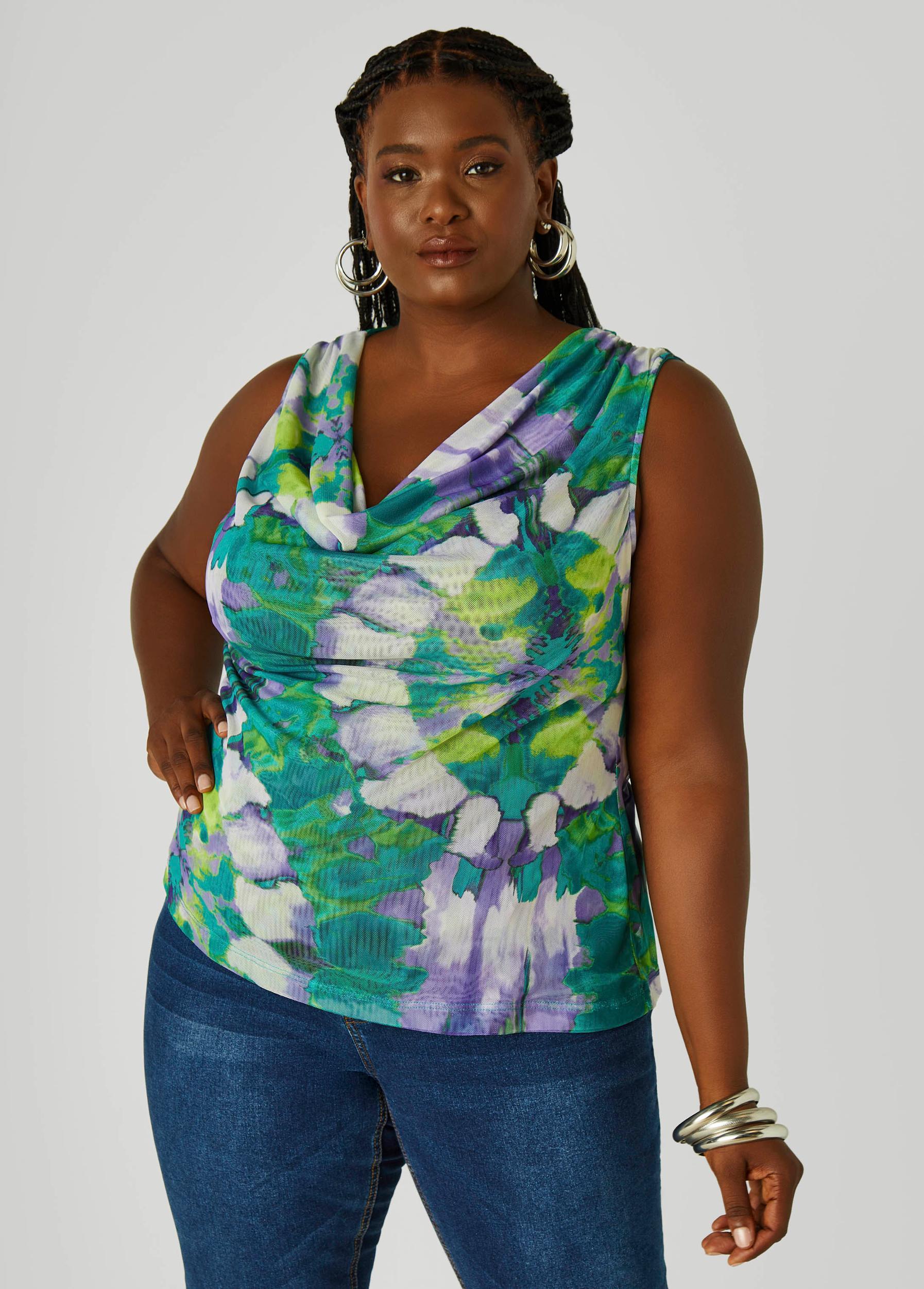 Cowl Neck Printed Mesh Top Product Image