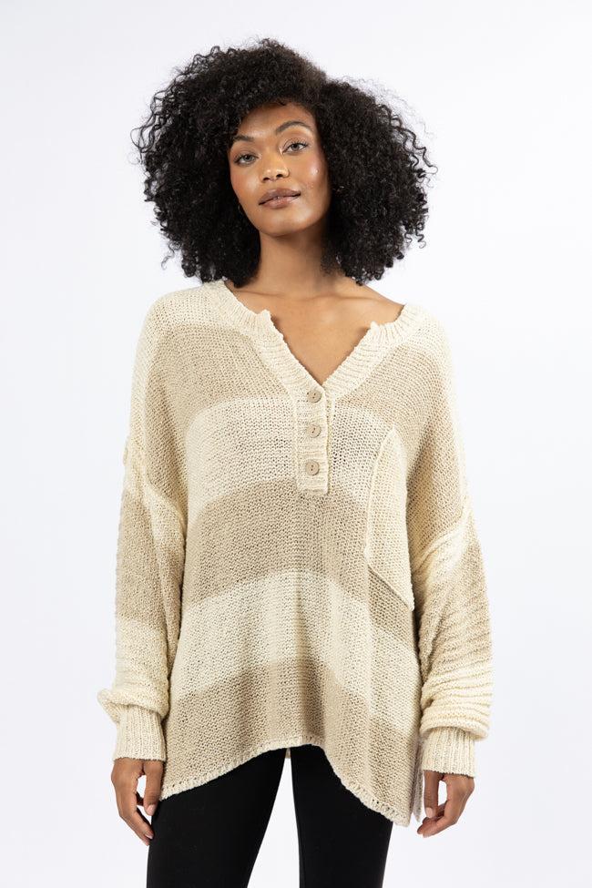 Know You Best Beige Oversized Striped Henley Sweater Product Image