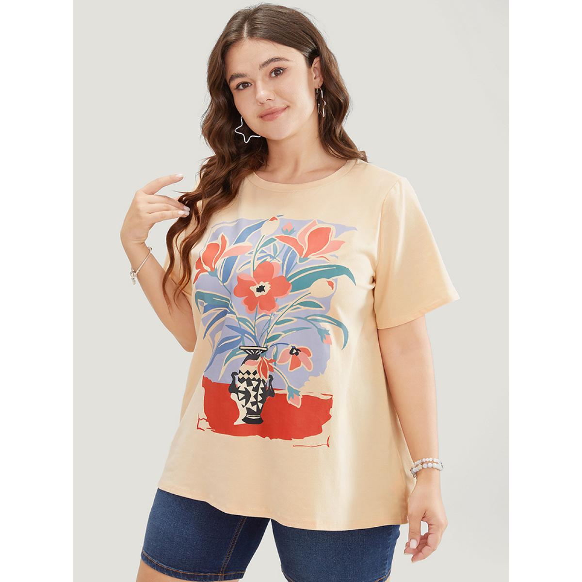 Plus Size Floral Print Drop Shoulder Soft Graphic Tee Champagne Women Casual Plain Natural Flowers Dailywear T-shirts BloomChic 18-20/2X Product Image