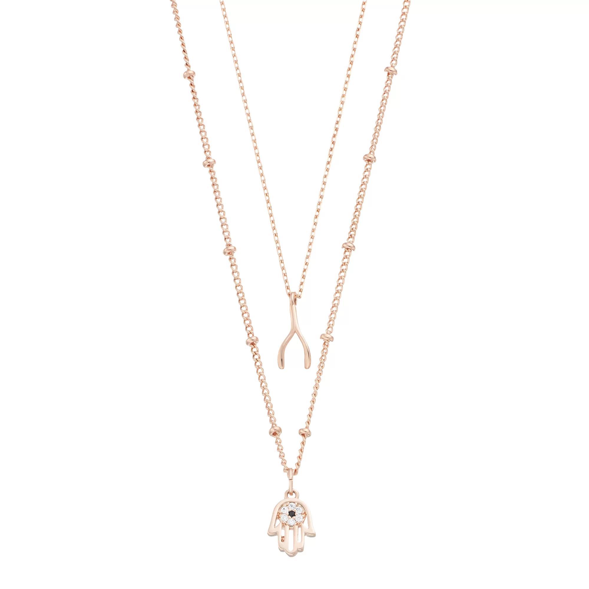 City Luxe 18k Rose Gold-Plated Cubic Zirconia Wishbone & Hamsa Duo Pendant Necklace Set, Women's, Rose Gold Tone Clear Product Image