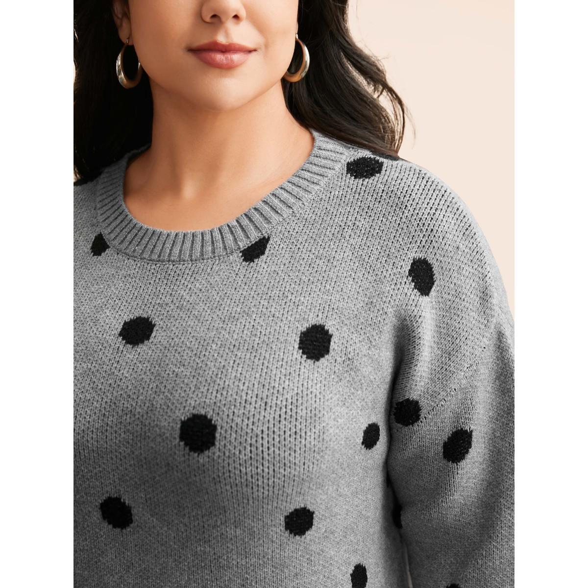 Plus Size Polka Dot Drop Shoulder Sleeve Pullover Mediumgray Women Casual Loose Long Sleeve Round Neck Everyday Pullovers BloomChic 12/L Product Image
