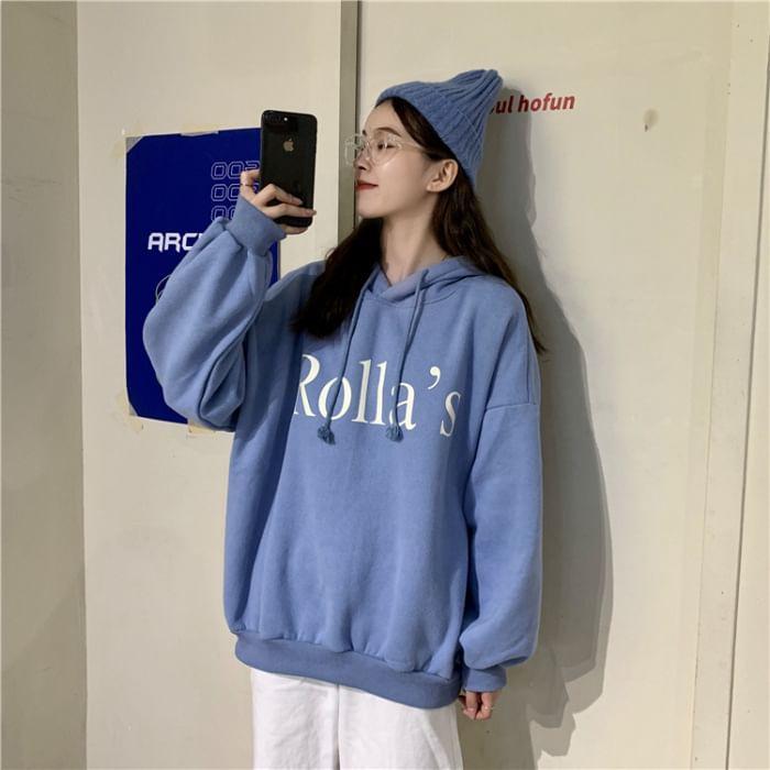 Long Sleeve Lettering Print Hooded Loose-Fit Sweatshirt Product Image
