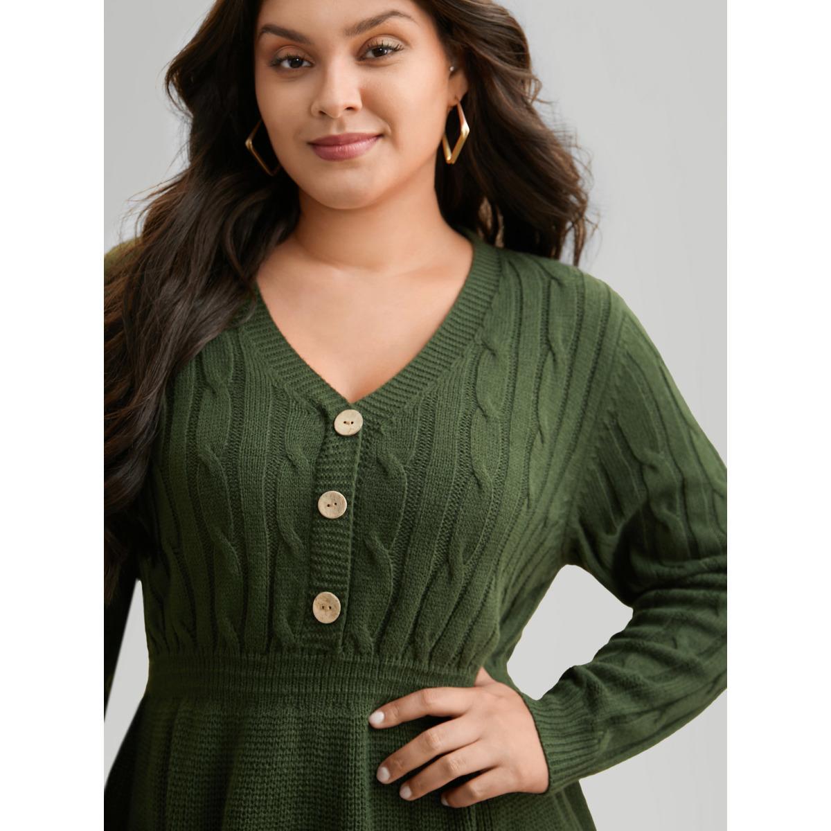 Plus Size Texture Cable Knit Button Detail Pullover ArmyGreen Women Casual Long Sleeve V-neck Everyday Pullovers BloomChic 30/6X Product Image