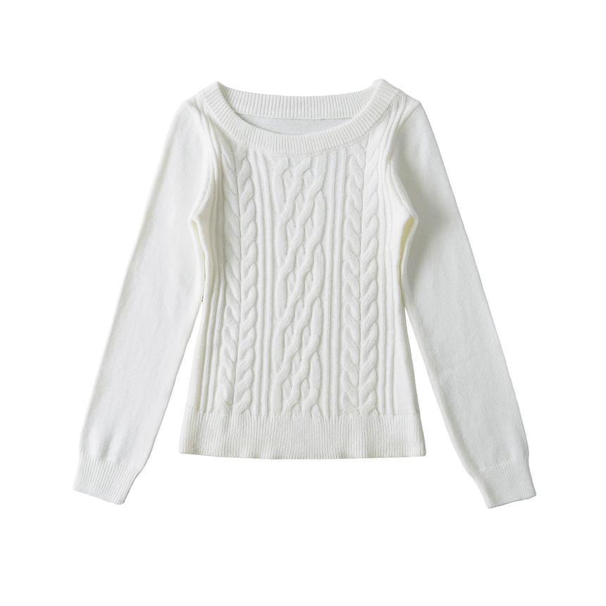 One-Shoulder Long-Sleeve Plain Cable Knit Sweater Product Image