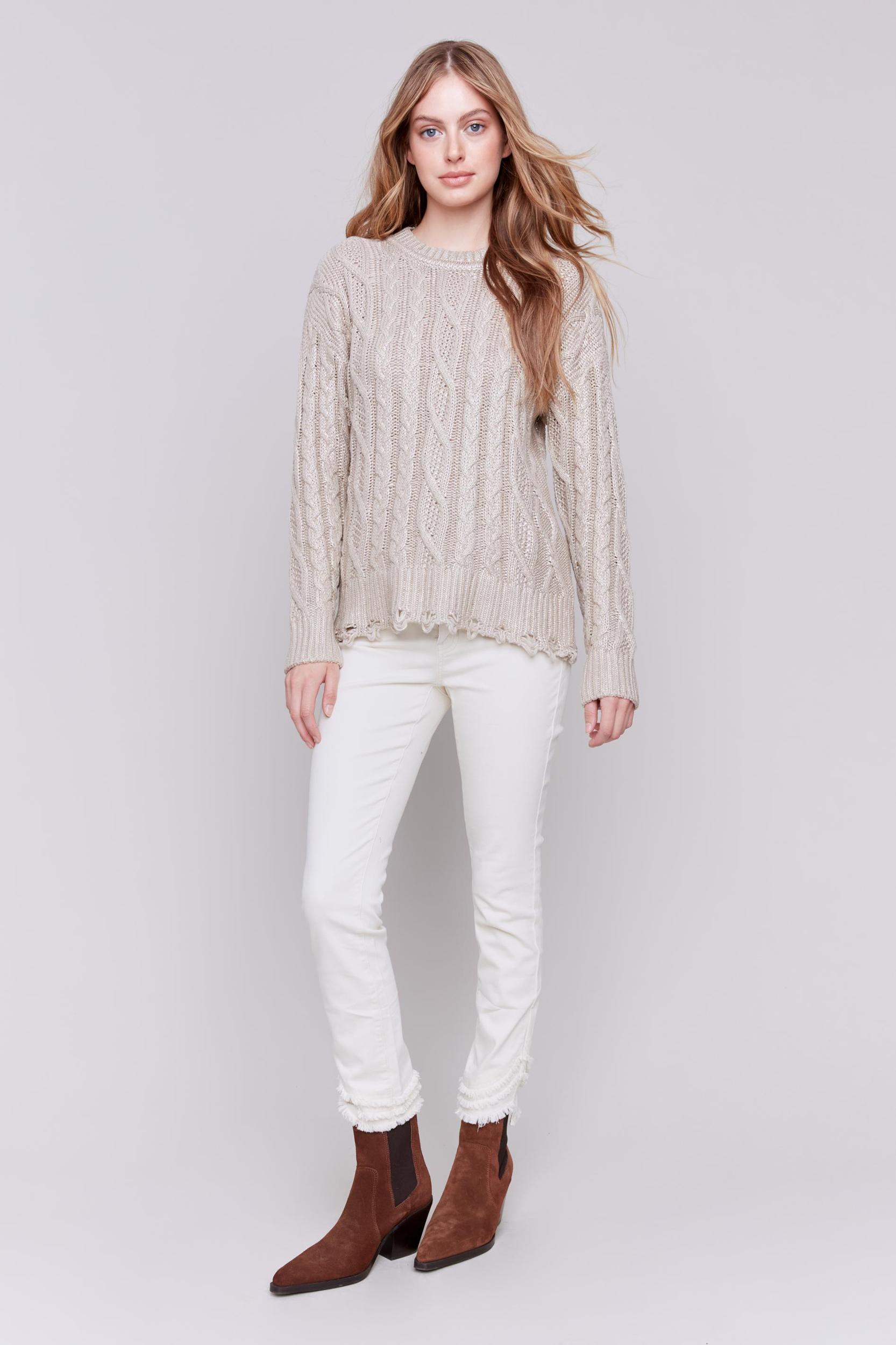 Foiled Cable Knit Crew-Neck Sweater Product Image