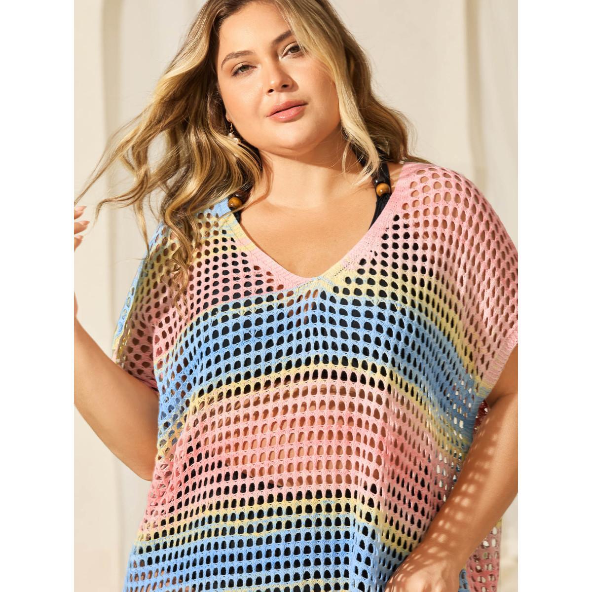 Plus Size Color Contrast Spliced Crochet Swim Cover-Up Women's Swimwear Multicolor Beach Loose Texture Curve Swim Cover Ups BloomChic 10/M Product Image