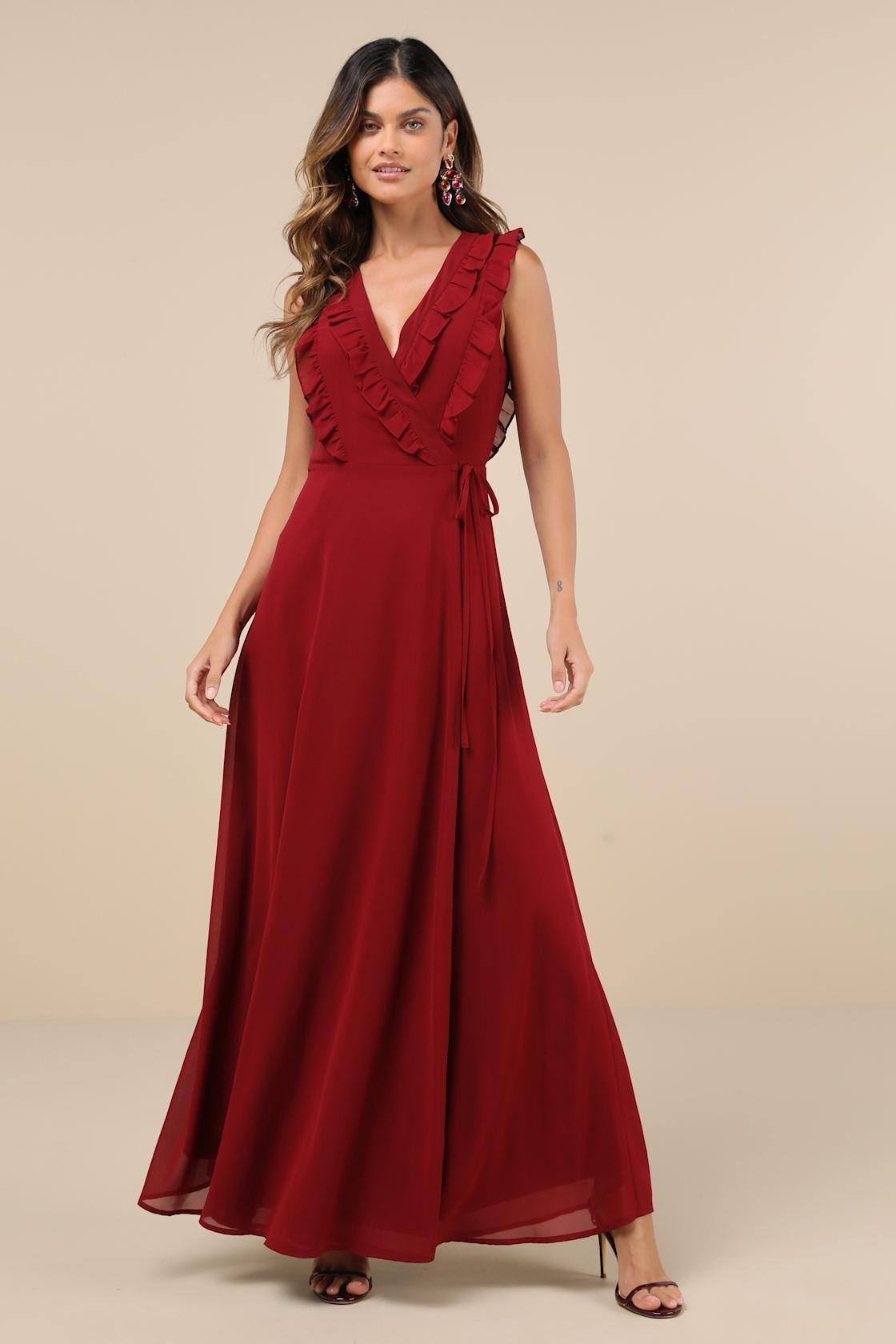 Major Elegance Wine Red Sleeveless Ruffled Wrap Maxi Dress Product Image