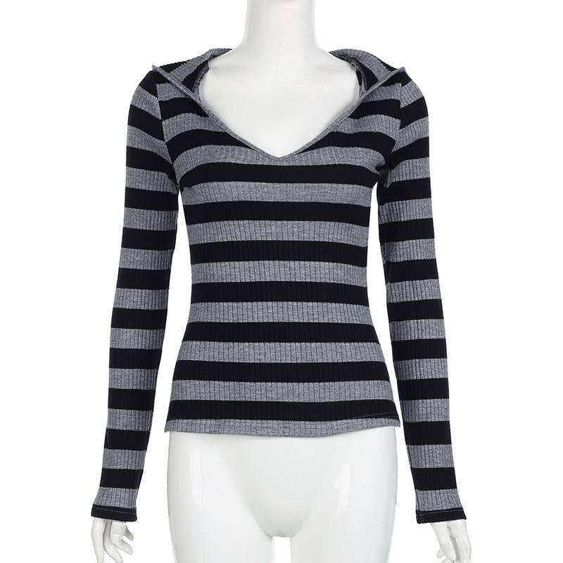 Long Sleeve V-Neck Striped Hood Ribbed Knit Top Product Image