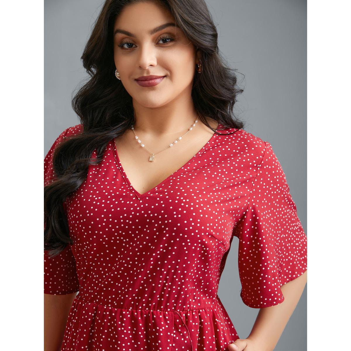 Plus Size V Neck Polka Dot Ruffle Trim Dress Scarlet Women Elegant Overlapping V-neck Half Sleeve Curvy BloomChic 12/L Product Image