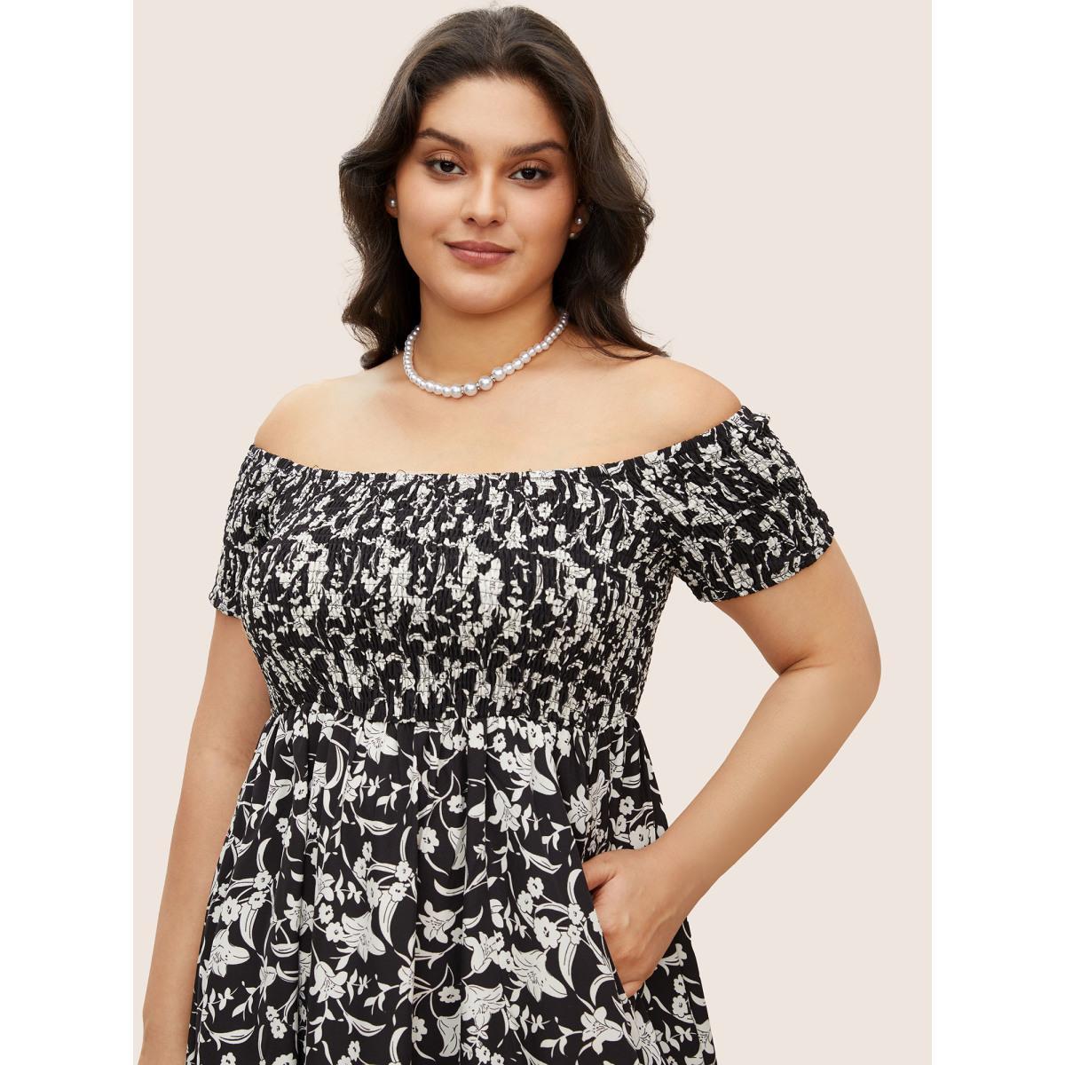 Plus Size One Shoulder Neck Floral Shirred Slit Hem Dress BlackFlower Women Elegant Slit One-shoulder neck Short sleeve Curvy Midi Dress BloomChic 30/6X Product Image