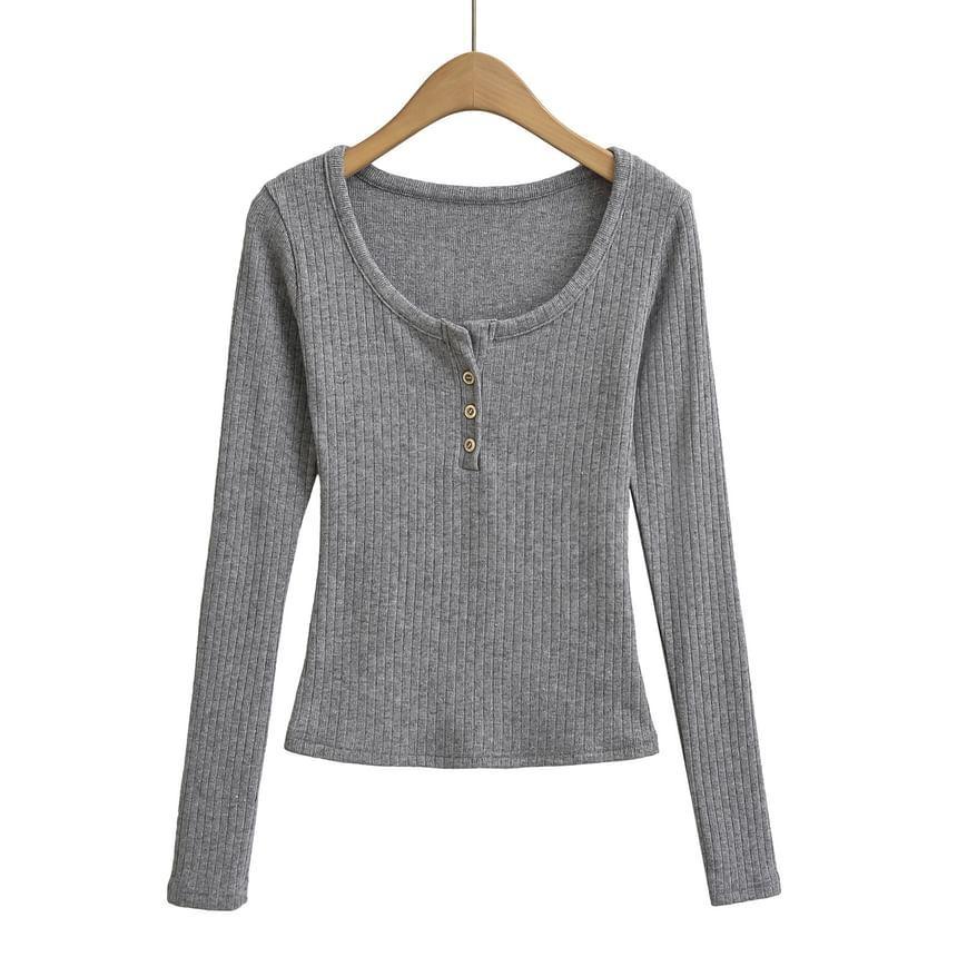 Long Sleeve Scoop Neck Plain Button Ribbed Top Product Image