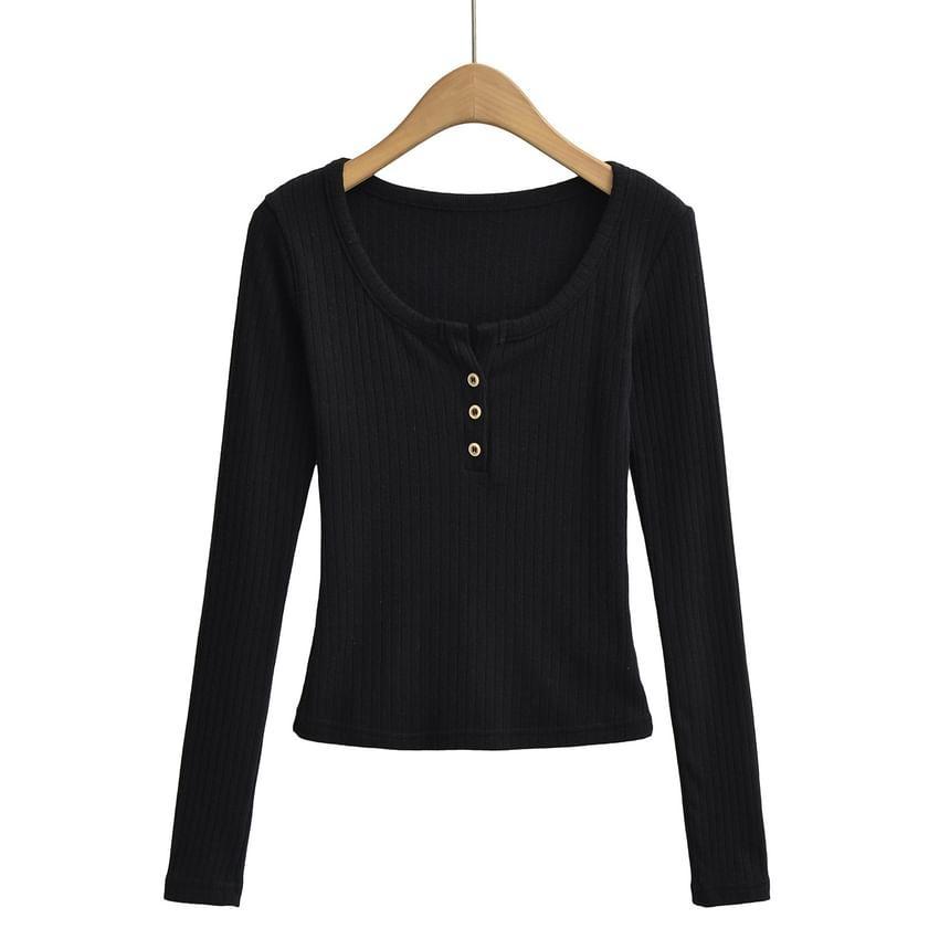 Long Sleeve Scoop Neck Plain Button Ribbed Top Product Image