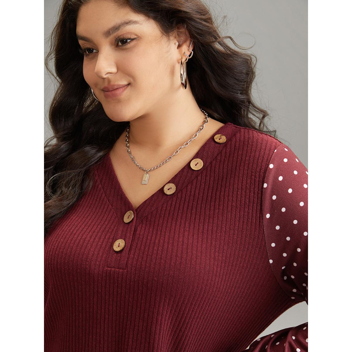 Plus Size Polka Dot Patchwork Button Detail Rib Knit T-shirt Burgundy Women Casual Texture Polka Dot V-neck Dailywear T-shirts BloomChic 10/M Product Image