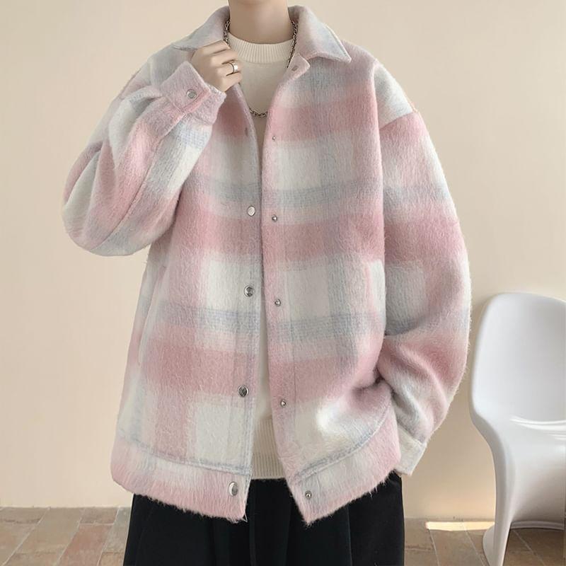 Drop Shoulder Collared Plaid Button Coat Product Image