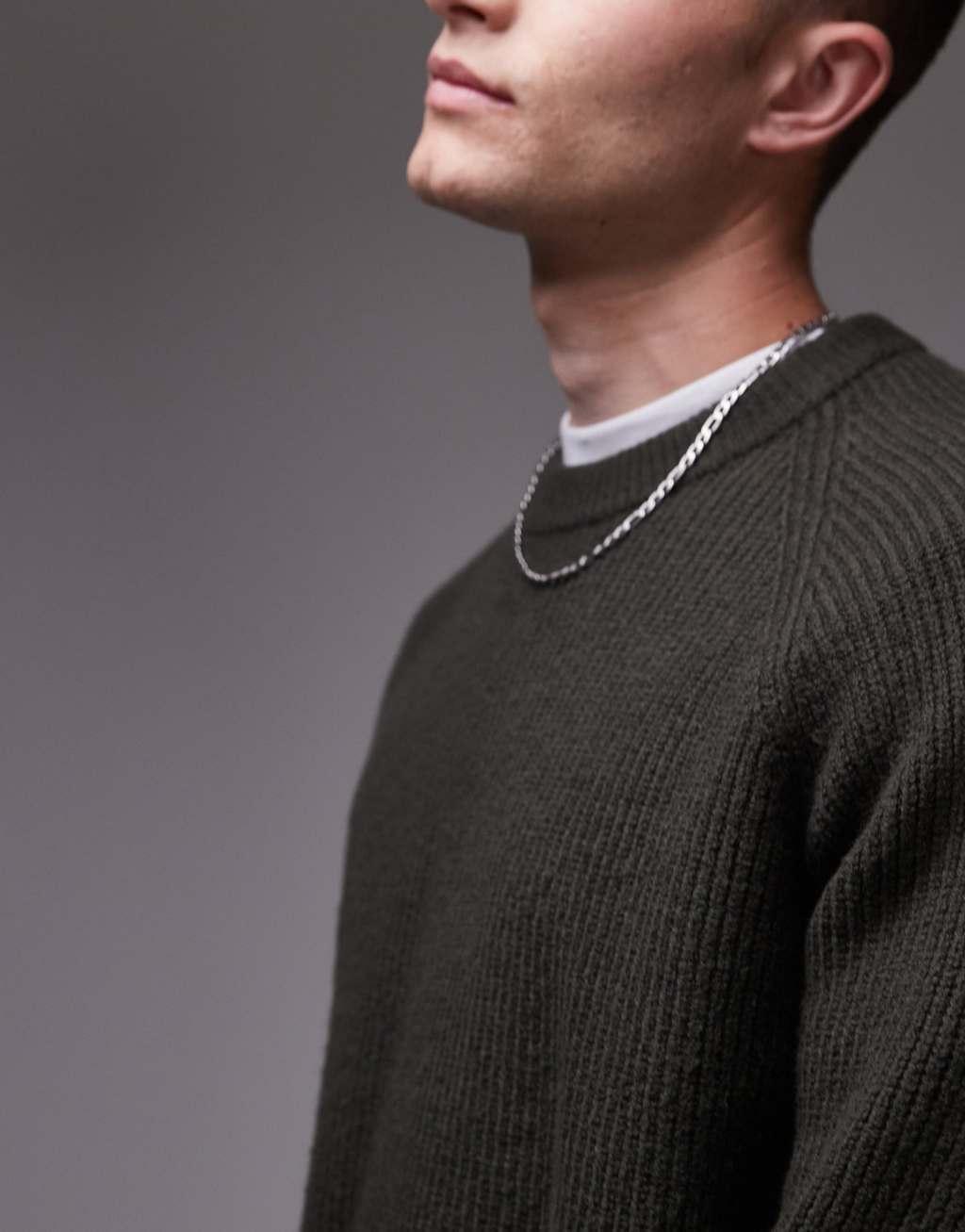 ARKET textured knitted rib sweater with raglan sleeves in khaki green Product Image