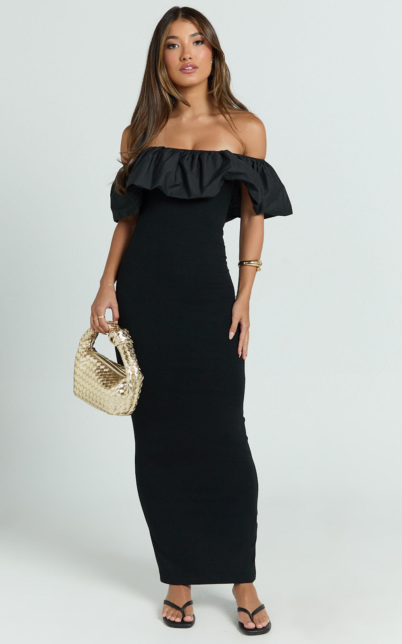 Carol Maxi Dress - Off Shoulder Frill Neckline Dress in Black Product Image