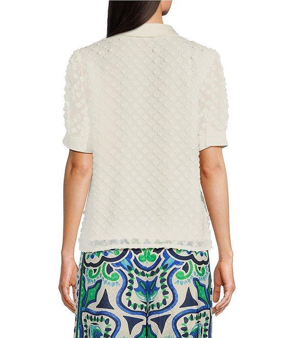 Current Air Woven Embellish 3D Floral Spread Collar V-Neck Short Sleeves Button Front Blouse Product Image