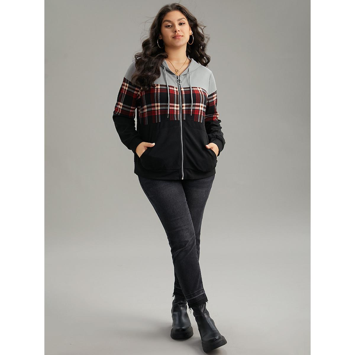 Plus Size Plaid Contrast Hooded O Ring Zipper Jacket Women Black Contrast Pocket Dailywear Jackets BloomChic 14-16/1X Product Image