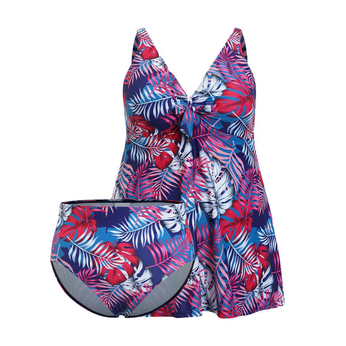Plus Size Tropical Print Knotted Front Swim Dress Women's Swimwear Indigo Vacation Bodycon V-neck High stretch Curve Swim Dresses BloomChic 30/6X Product Image