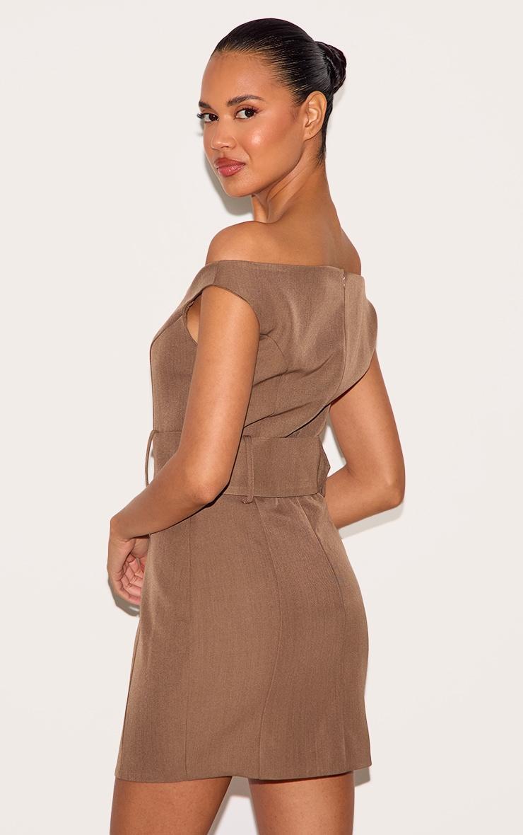  Taupe Woven Off Shoulder Belt Detail Mini Dress Product Image