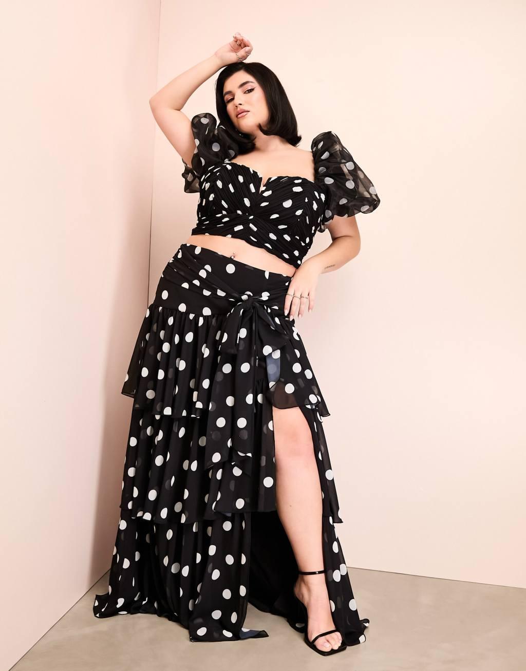 ASOS LUXE Curve organza puff sleeve polka dot top with bow back in monochrome - part of a set Product Image