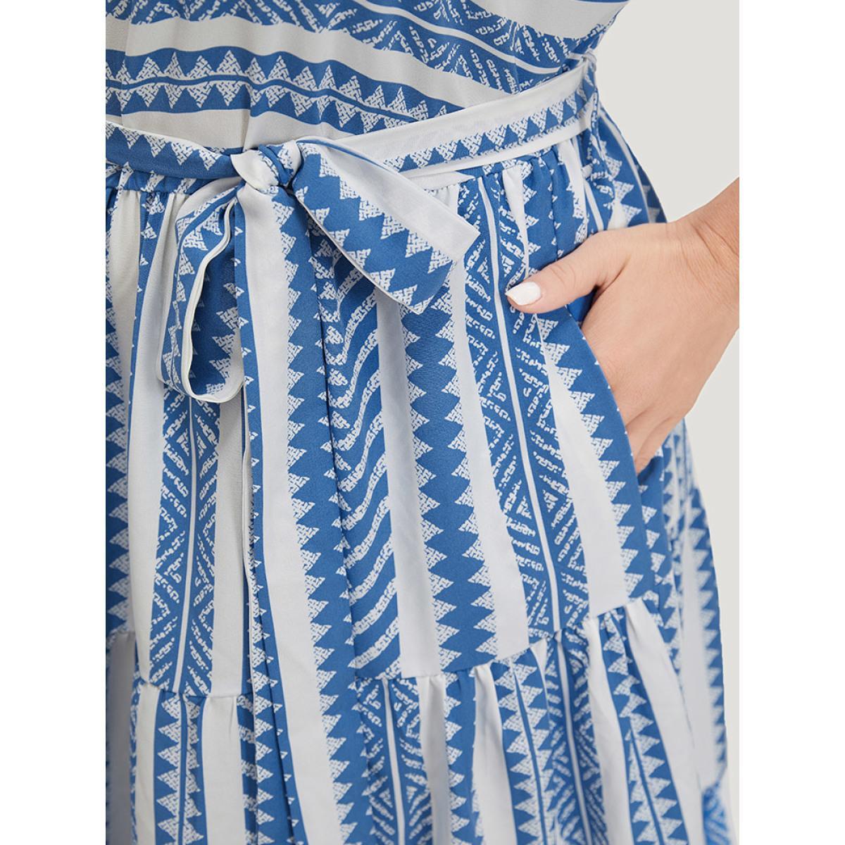Plus Size Striped Geo Pocket Belt Pocket Layered Hem Dress LightBlue Women Vacation Tiered Round Neck Short sleeve Curvy Knee Dress BloomChic 14-16/1X Product Image