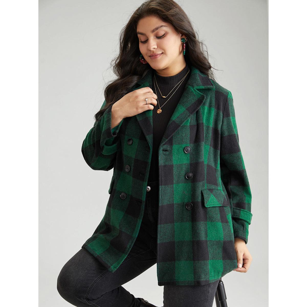 Plus Size Plaid Lapel Collar Flap Detail Double Breasted Coat Women DarkGreen Casual Contrast Ladies Dailywear Winter Coats BloomChic 18-20/2X Product Image
