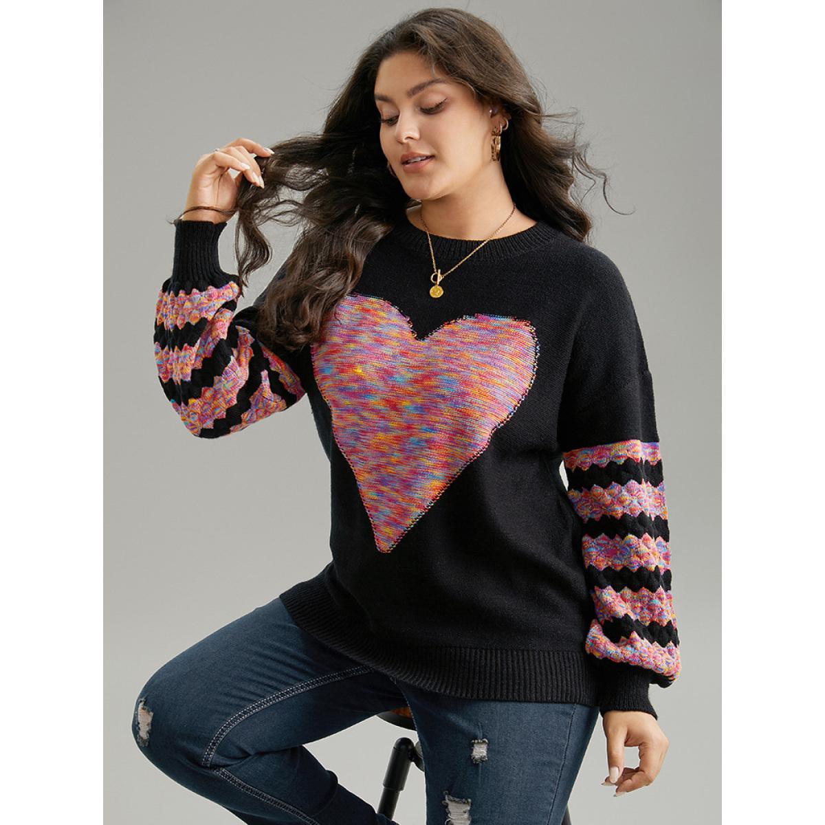 Plus Size Heart Heather Patchwork Crew Neck Pullover Black Women Casual Loose Long Sleeve Round Neck Everyday Pullovers BloomChic 12/L Product Image