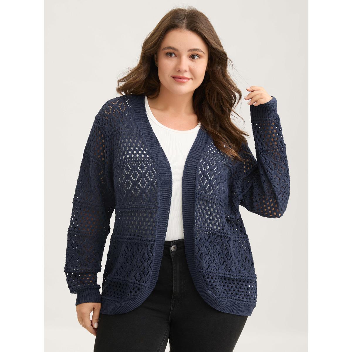 Plus Size Textured Cut-Out Arc Hem Lightweight Cardigan Indigo Women Loose Long Sleeve Everyday-Casual Cardigans BloomChic 30/6X Product Image