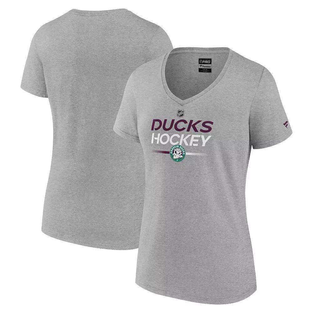Women's Fanatics Branded Heather Gray Anaheim Ducks Authentic Pro Wordmark V-Neck T-Shirt, Size: 3XL, Dks Grey Product Image