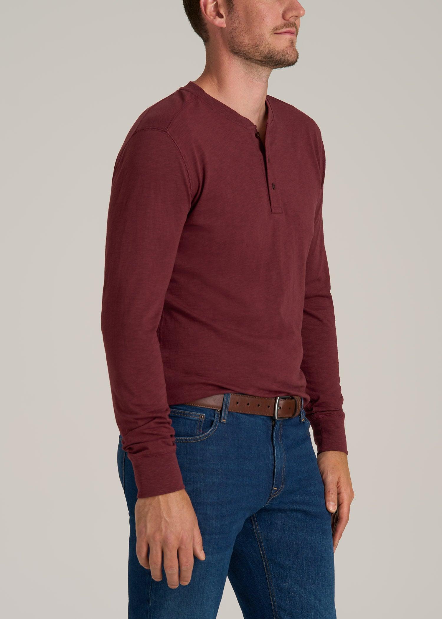 Men's Tall Three Button Long Sleeve Slub Henley in Red Ochre Product Image