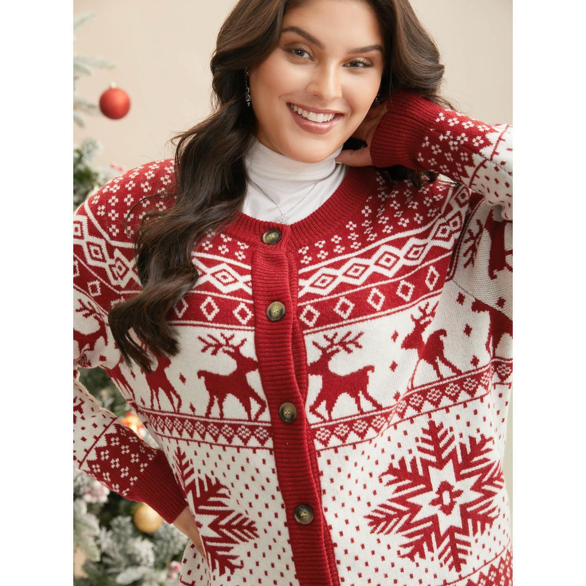 Plus Size Reindeer And Snow Pattern Button-Front Cardigan Scarlet Women Casual Loose Long Sleeve Everyday Cardigans BloomChic 26/4X Product Image