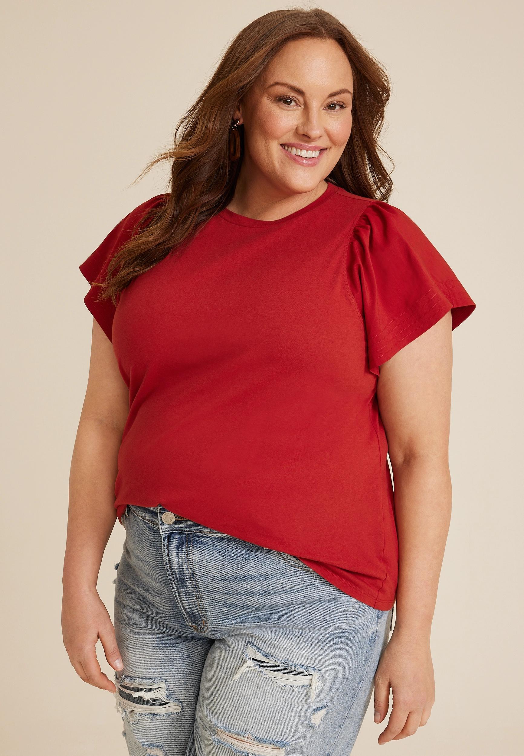Maurices 2X Plus Size Womens Woven Flutter Sleeve Tee Green Product Image
