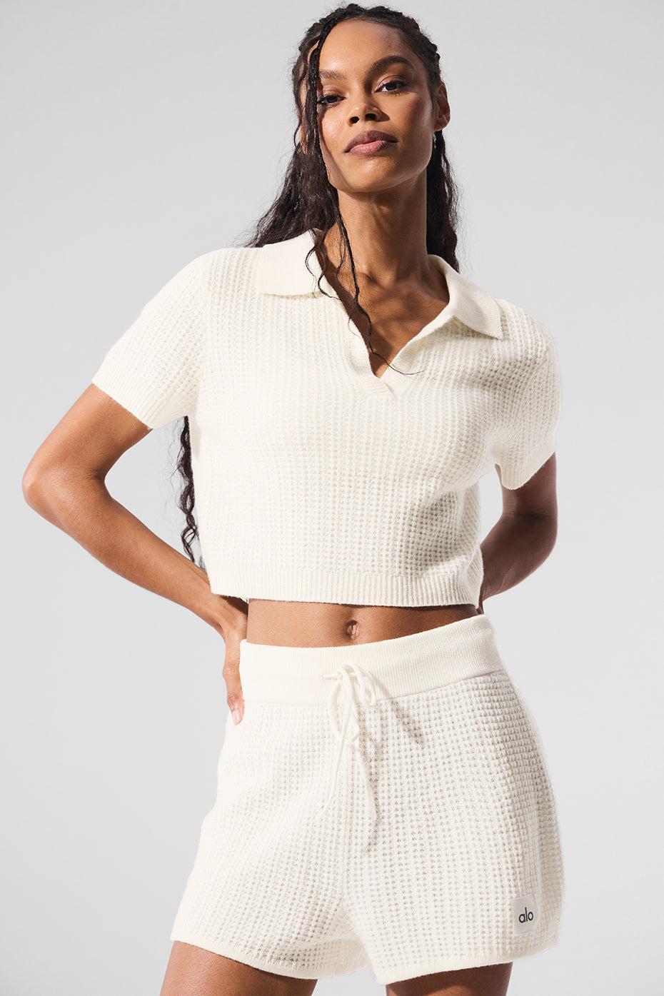 Cashmere Plush Waffle Polo Tee - Ivory Product Image